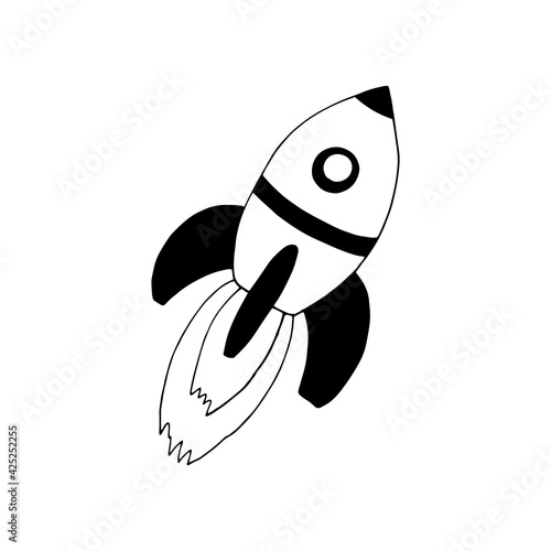 rocket icon. vector hand drawn. sticker, poster, card. monochrome. minimalism. space, flight.