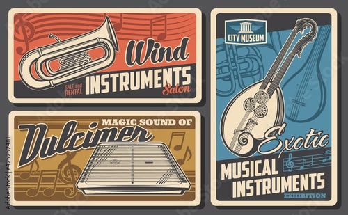 Musical instruments museum and salon retro posters. Twin neck guitar or mandolin, french horn and euphonium, dulcimer engraved vector. Exotic music instruments collection exhibition vintage banners photo