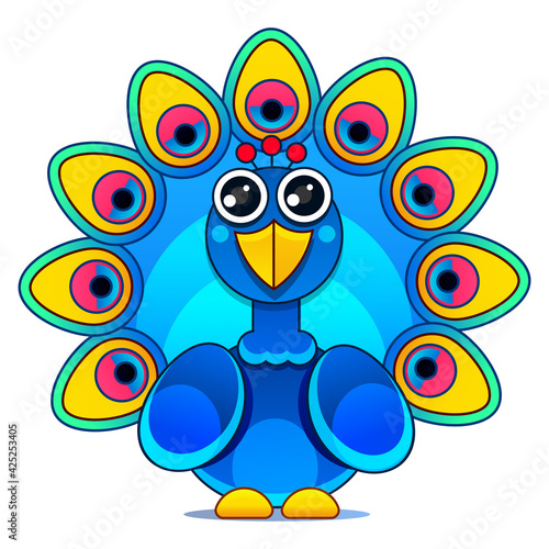 Vector Color Peacock Illustration Selphie cartoon Sign for print, in comics, Fashion