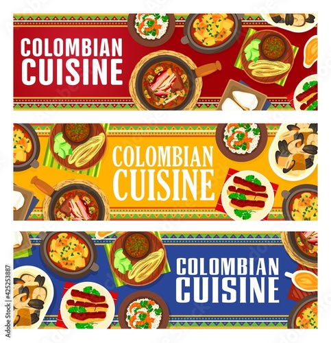 Colombian cuisine vector fried bananas with tomato onion sauce, milk cake tres leches. Fried pork belly chicharron, corn cake soup sopa de arepa. Coconut rice with salad, pork bean stew Colombia meals