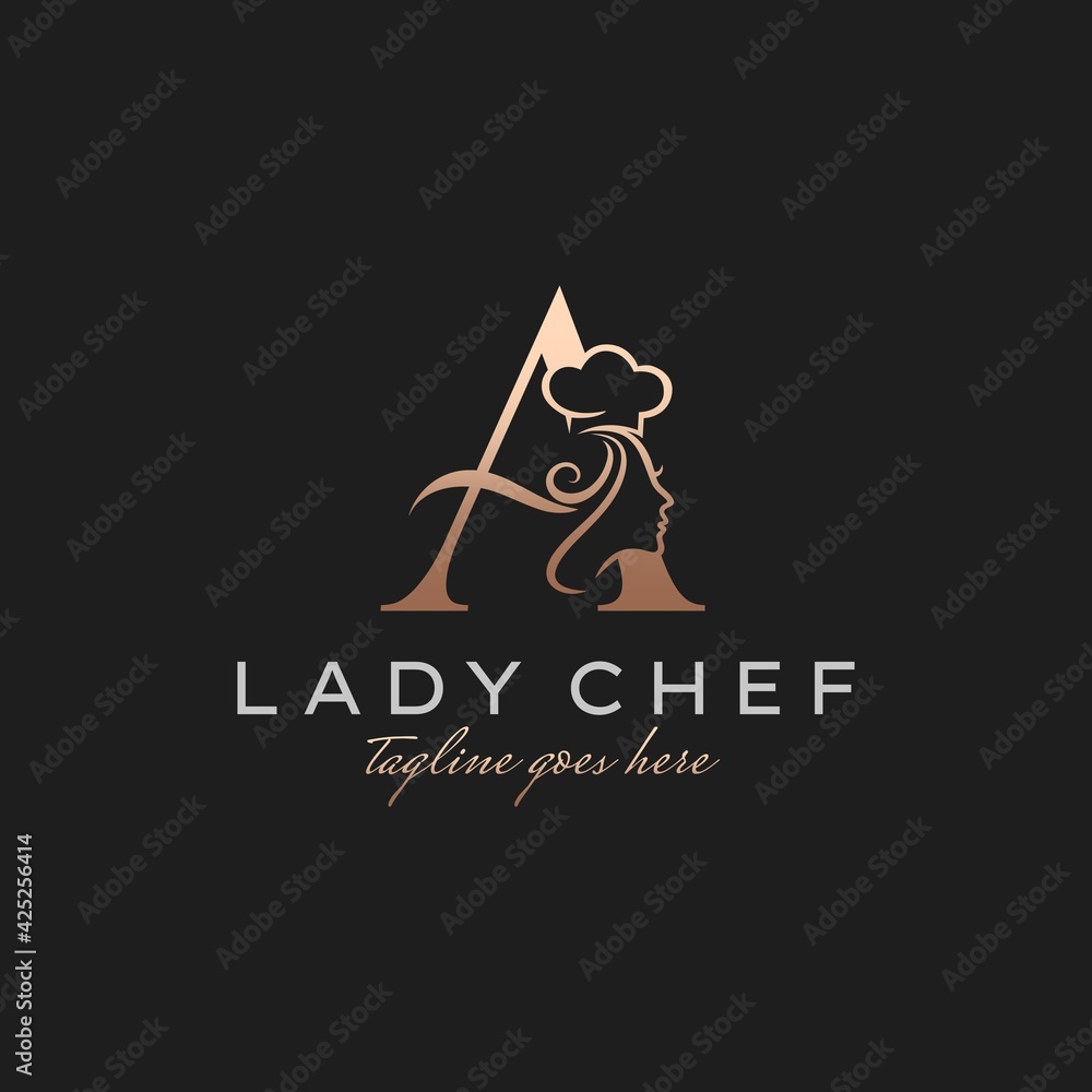 Letter A Lady Chef, Initial Beauty Cook Logo Design Vector