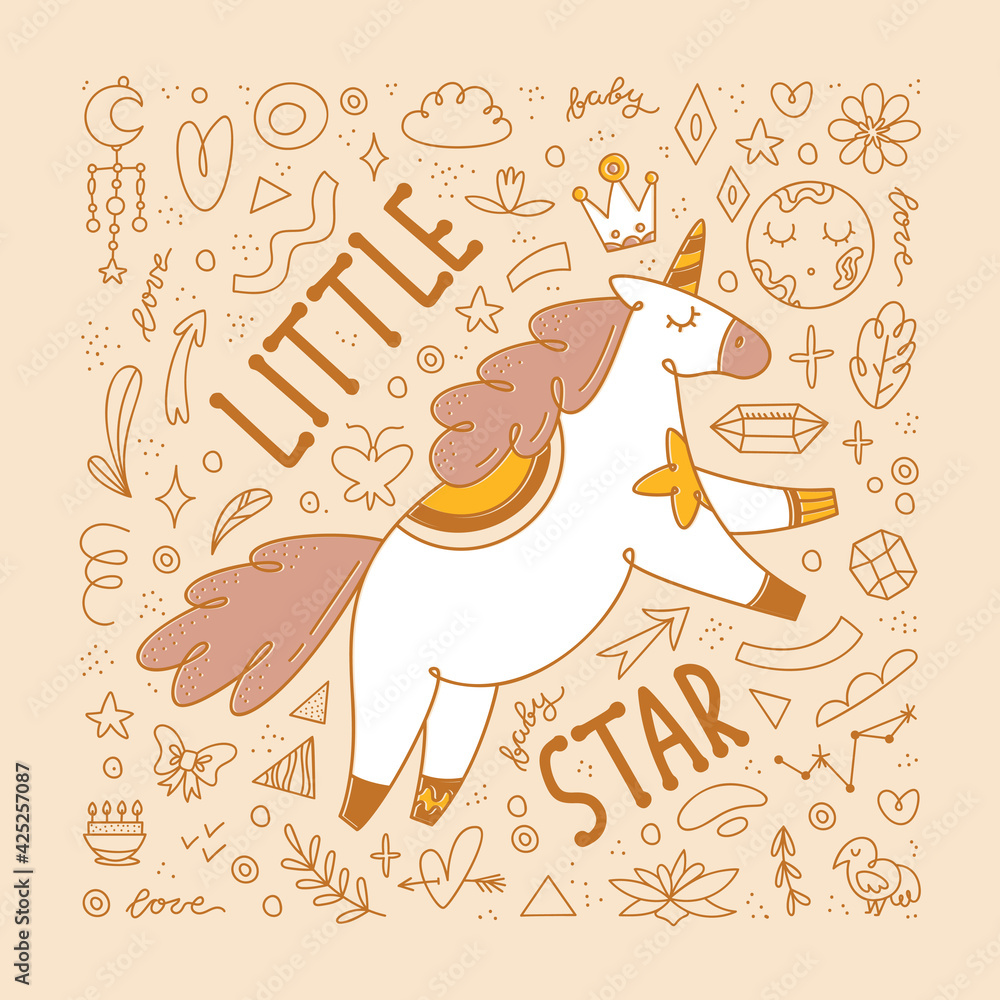 Unicorn Template Poster, Card, Flyer. Little star lettering. Cute cartoon vector illustration. Birthday baby shower party Invitation