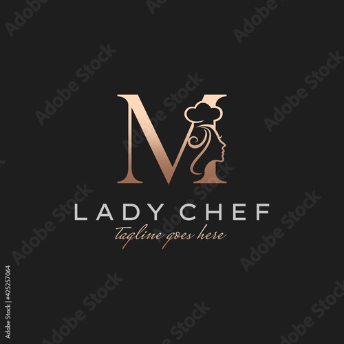 Letter M Lady Chef, Initial Beauty Cook Logo Design Vector