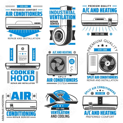 Air conditioning, heating and cooking hood vector icons. Conditioner device for home and industrial ventilation system signs. Fan cooling, ventilation system installing service center promo labels set