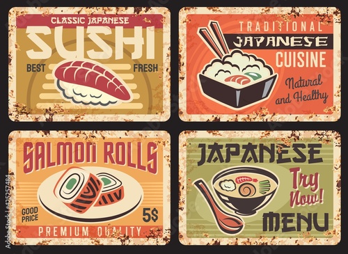 Japanese cuisine restaurant meals menu rusty metal plates. Fresh nigiri sushi, rice with salmon fish and bowl of ramen noodle soup, uramaki salmon rolls vector. Japanese food cafe, sushi bar banners