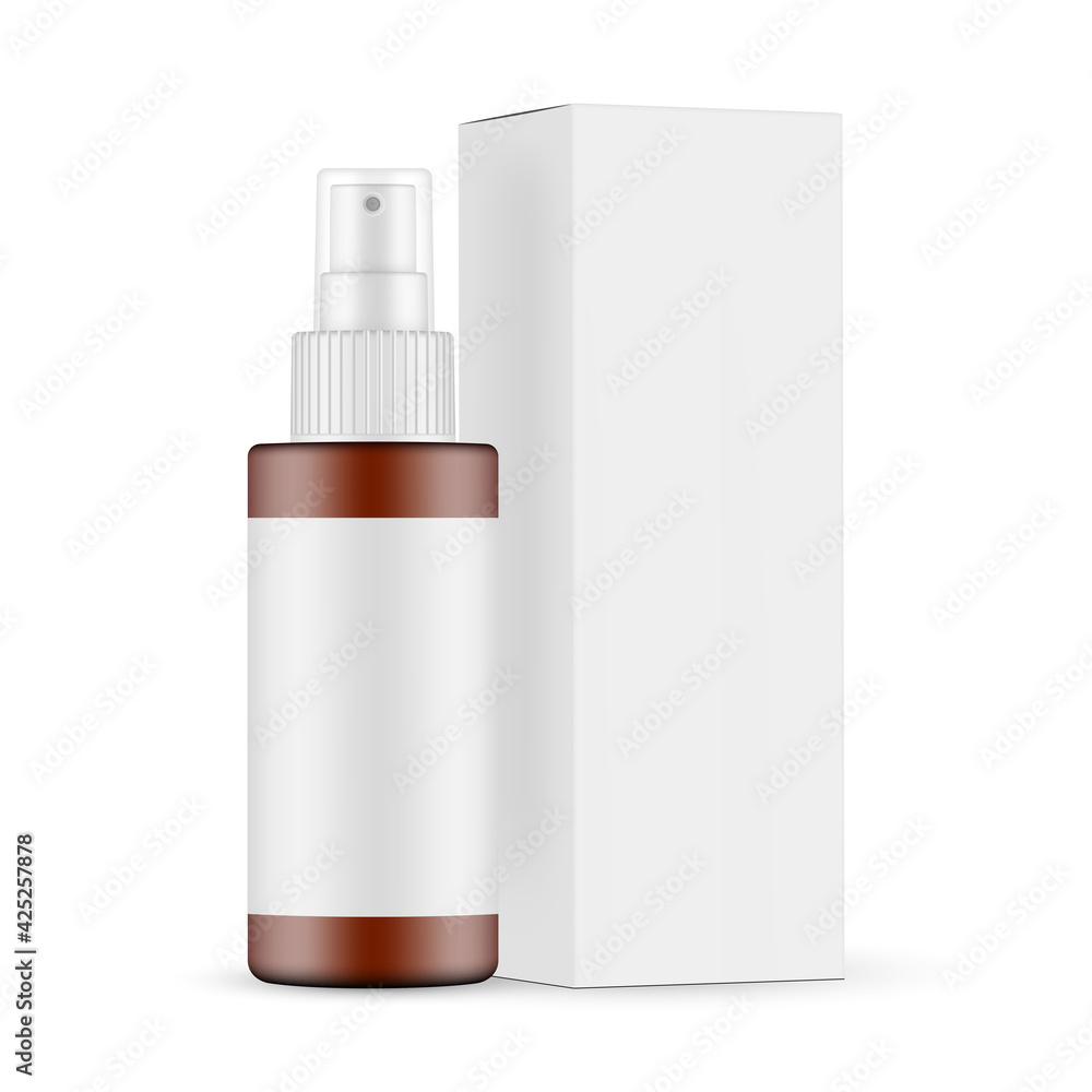 Plastic Frosted Amber Spray Bottle Mockup with Blank Label, Cardboard Box Side View, Isolated on White Background. Vector Illustration Plastic Frosted Amber Spray Bottle Mockup with Blank Label, Cardboard Box Side View, Isolated on White Background. Vector Illustration