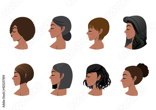African American women hair styles collection. Black Women side view avatars vector illustration