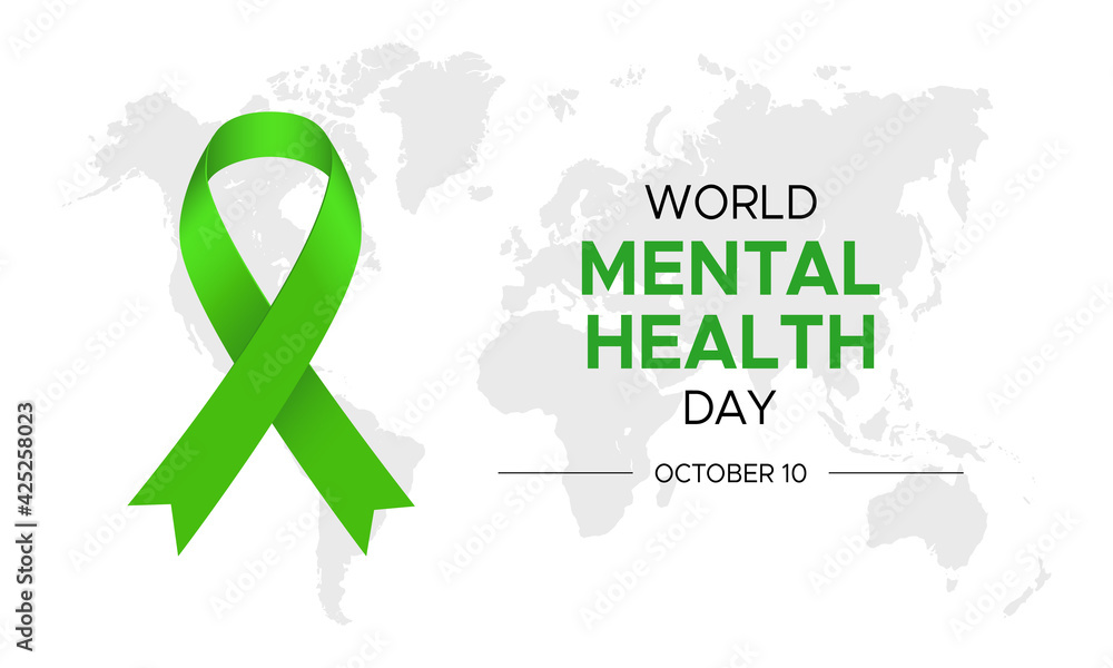 Illustration for World Mental Health Day with Green Ribbon and Map Isolated on White Background Illustration for World Mental Health Day with Green Ribbon and Map Isolated on White Background