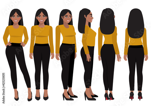 Cartoon character with African American business woman in casual wear for animation. Front, side, back, 3-4 view character. Flat vector illustration