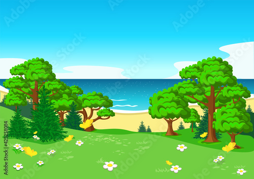 Vector illustration of a beautiful summer landscape with a panoramic view from a blooming mountain to the sea