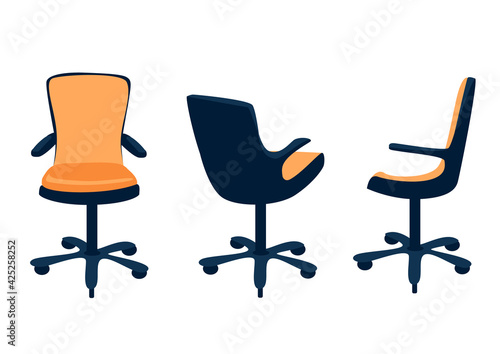 Vector set of office orange armchair in different angles in a simple modern style