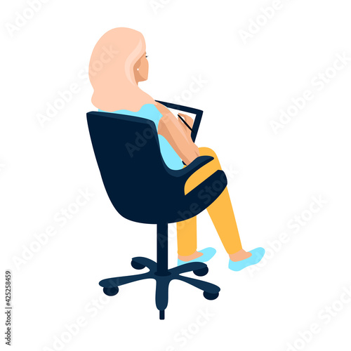 Vector illustration of a girl with blond hair sits in an office chair and makes notes, view from the back on a white background