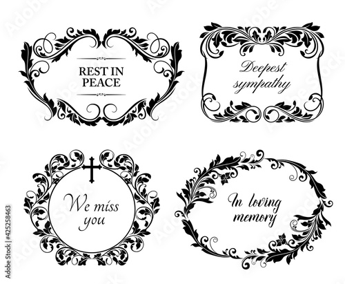 Funeral cards, vector vintage condolence floral wreaths, ornament with flourishes and obituary typography. Retro frames, obsequial memorial, funeral sorrowful borders or necrology monochrome templates