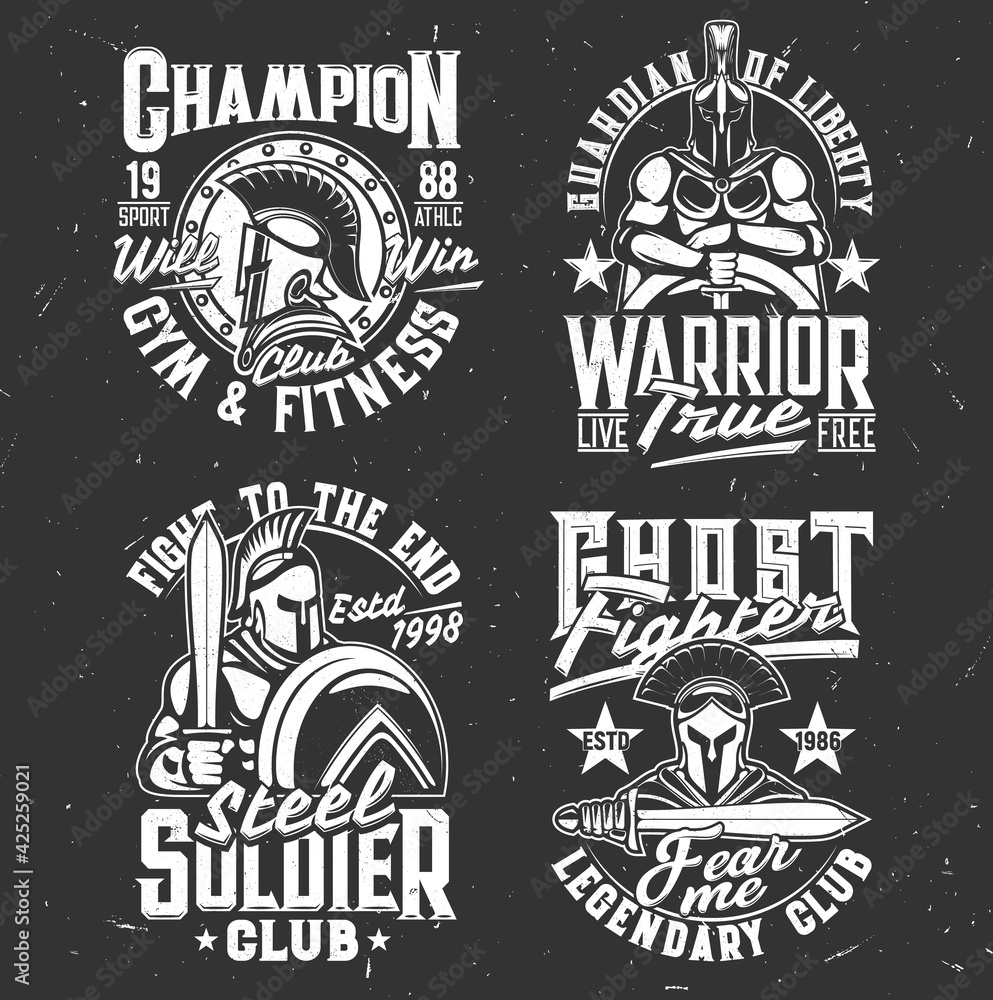 Gladiator warriors with sword tshirt print, vector mascots for fighter or fitness club Apparel design. Roman or greek knights in helmet with plumage, shield or cape. T shirt prints with typography set