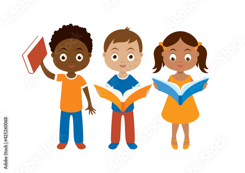Diverse group of children reading a book vector. Group of kids with book icon isolated on a white background. Cute little readers icon set