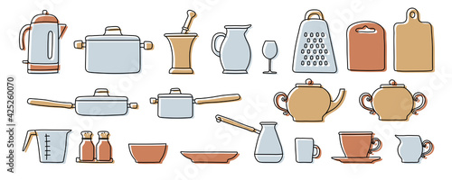 Kitchenware sketch set. Doodle line vector kitchen utensils and tools. Kettle, saucepan, ladle, cezve, plate, cup and bowl. Hand drawn illustration