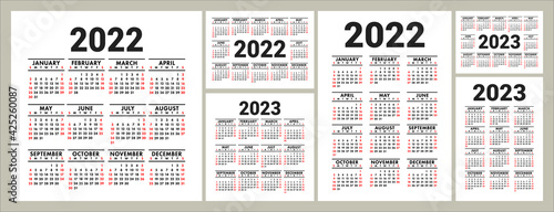 Calendars for 2022 and 2023 years. English vector square, horizontal and vertical wall or pocket calender design template. New year. Week starts on Sunday