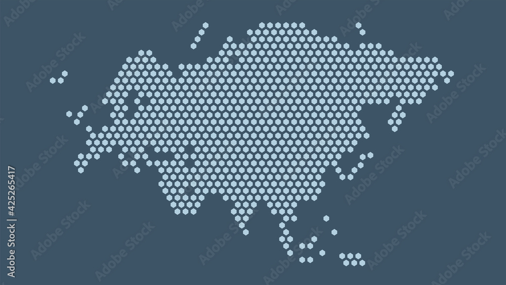 Dark blue hexagonal pixel map of Eurasia. Vector illustration Eurasian continent hexagon map.