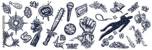 Tattoo elements collection. Big set for design. Old school tattooing style. Vector illustration