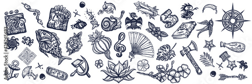 Old school tattooing style. Big set for design. Tattoo elements collection