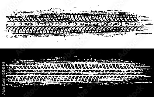 Offroad tyre print and grunge spot, vector monochrome tire trace. Rally, motocross dirty tire pattern, grungy vehicle trail isolated texture for automobile service or off road race competition design