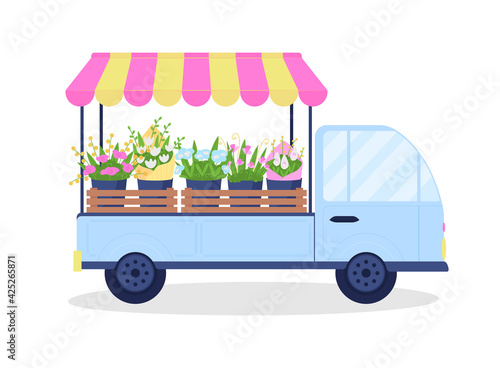 Flower cart flat color vector object. Bouquets on van. Truck with floral arrangements for selling. Small business, retail services isolated cartoon illustration for web graphic design and animation