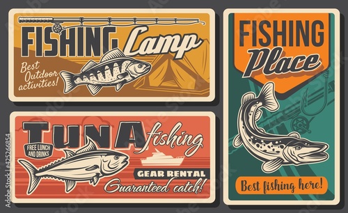 Fishing, fishes and fisherman rod posters, retro vector. Fishing camp and fishery catch tackles and lures for ocean or sea tuna, river perch and pike, fisherman equipment baits and lures