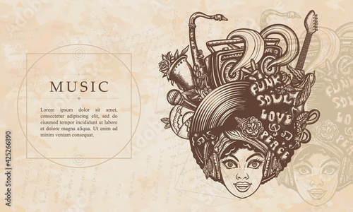 Music. African American young funky woman. Hippie musical girl, saxophone, guitar and retro boom box. Jazz, funk, soul, discoconcept. Renaissance background. Medieval manuscript, engraving art