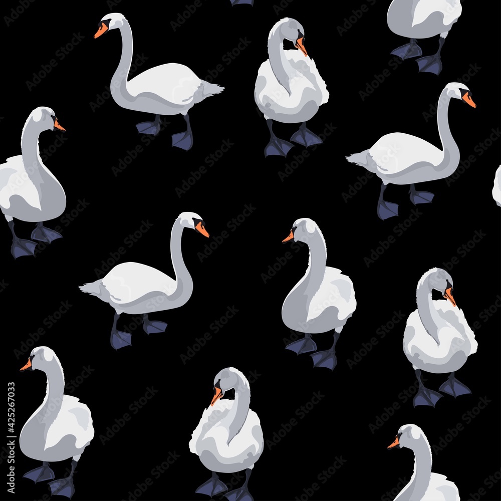 Obraz premium Beautiful seamless pattern with white swans on black background illustration.