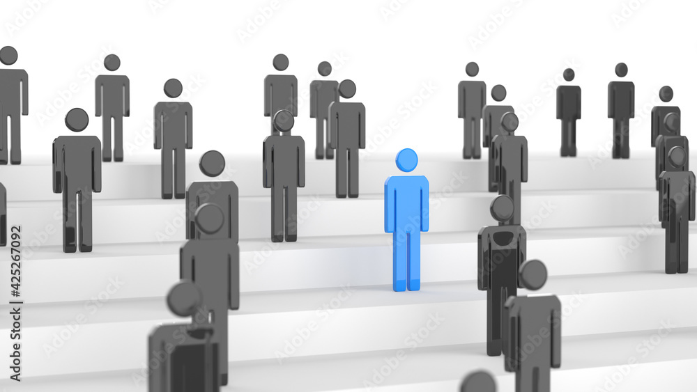 Leadership concept, blue leader man, standing out from the crowd, on white background. 3D Rendering Leadership concept, blue leader man, standing out from the crowd, on white background. 3D Rendering