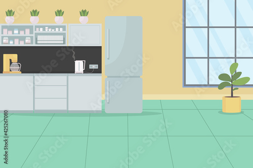 Office kitchen flat color vector illustration. Modern household. Room with fridge, appliance for dining. Workplace lunch break room 2D cartoon interior with furniture on background