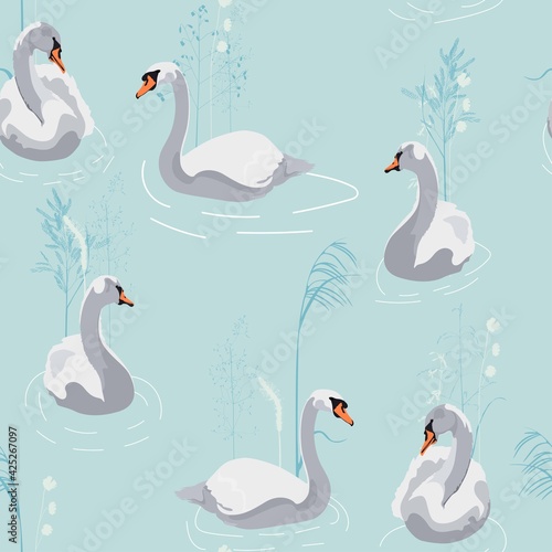 Beautiful seamless pattern with white swans and flowers illustration on blue background.