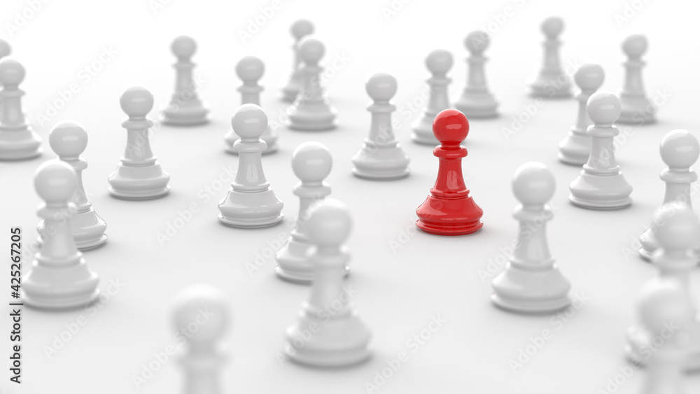 Leadership concept, red pawn of chess, standing out from the crowd of white pawns, on white background. 3D Rendering Leadership concept, red pawn of chess, standing out from the crowd of white pawns, on white background. 3D Rendering