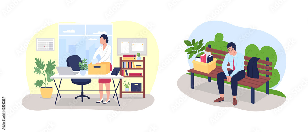Laid off from work 2D vector web banner, poster set. Loss of work. Fired man, woman flat characters on cartoon background. Unemployment printable patch, colorful web element collection