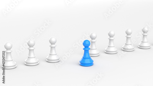 Leadership concept, blue pawn of chess, standing out from the crowd of white pawns, on white background. 3D Rendering