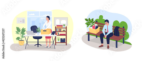 Fototapeta Naklejka Na Ścianę i Meble -  Laid off from work 2D vector web banner, poster set. Loss of work. Fired man, woman flat characters on cartoon background. Unemployment printable patch, colorful web element collection