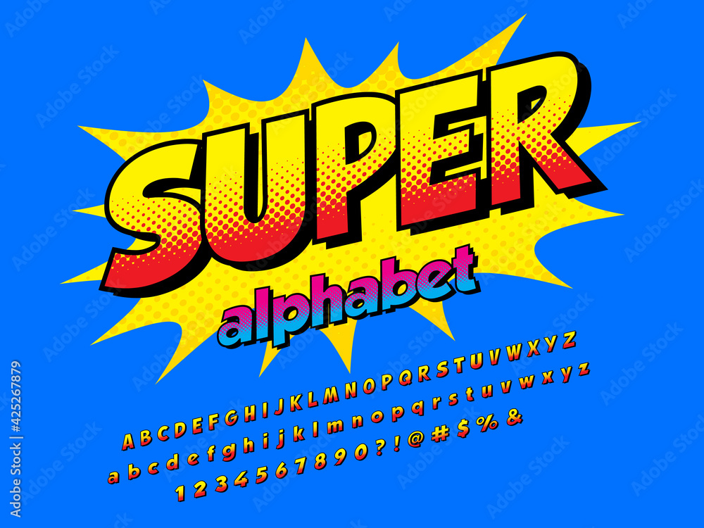 Comical style vector font design with uppercase, lowercase, numbers and symbols