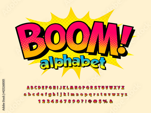 Comical style vector font design with uppercase, lowercase, numbers and symbols