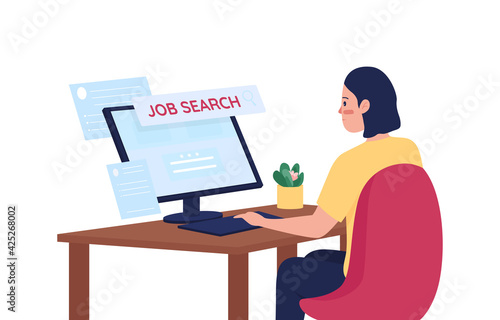 Woman searching for job online flat color vector detailed character. Look for work on internet. Unemployment issue. Female employee isolated cartoon illustration for web graphic design and animation