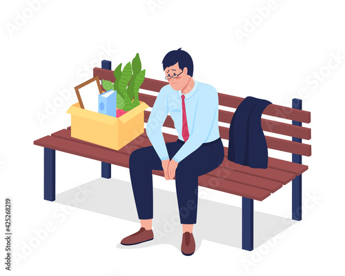 Sad fired employee sitting on bench flat color vector detailed character. Box with stationery. Unemployment problem. Jobless manager isolated cartoon illustration for web graphic design and animation