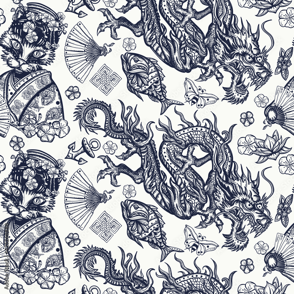 Obraz premium Japanese seamless pattern. Dragons and geisha cat. Flying snakes, pink fan and sakura flowers. Asian travel background. Funny oriental art. Ancient China history and culture