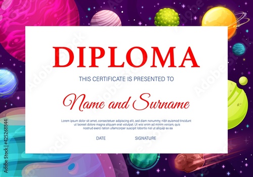 School kids diploma, kindergarten vector certificate with cartoon fantasy planets in dark sky with stars and meteors. Education diploma with alien planets, cosmic galaxy world award frame template