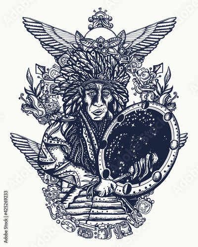 Old shaman. Totem. Tattoo and t-shirt design. Native American Indian. Ancient Maya Civilization. Pyramids, glyphs, Kukulkan. Mexican mesoamerican culture