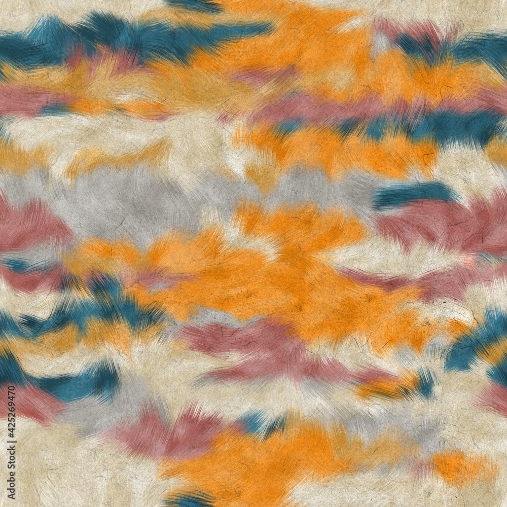 Seamless faux digital paint stroke camo pattern print. High quality illustration. Procedural painting with realistic brush strokes in bright trendy colors in camouflage shapes. Surface design print.