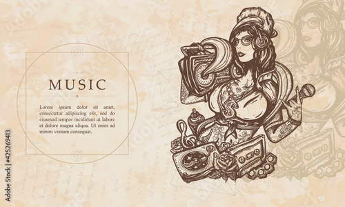 Music. Cool hiphop girl. Swag lifestyle. Street break dance. Boom box, audio cassette. Musical style. Renaissance background. Medieval manuscript, engraving art