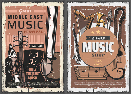 Music shop, middle east music, vector vintage instruments kemanche, guitar with two vultures and alto clarinet with trumpet, harp and gusle. Musical store professional musician rare instruments poster
