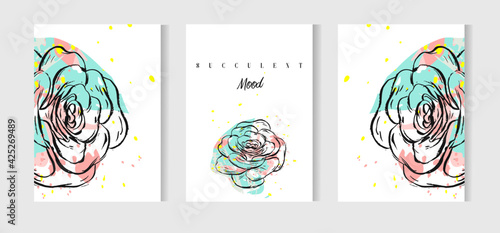 Hand drawn vector abstract Save the Date greeting card collection set template with succulents,cactus plant and freehand texture in pastel color.Design for wedding,journaling,birthday,invitation,label