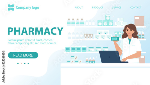 Pharmacy concept. Female pharmacist behind the counter in a drugstore selling medicine. Vector illustration in flat style for banner, landing page, web page
