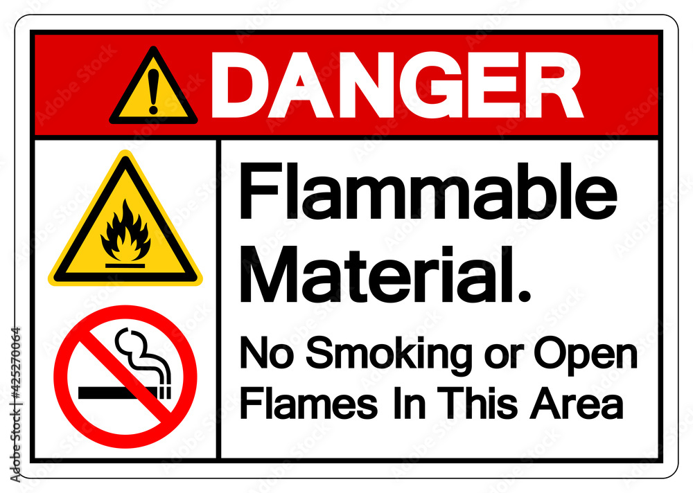 Danger Flammable Material No Smoking or Open Flames in This Area Symbol Sign, Vector Illustration, Isolate On White Background Label. EPS10 Danger Flammable Material No Smoking or Open Flames in This Area Symbol Sign, Vector Illustration, Isolate On White Background Label. EPS10