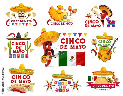 Cinco de Mayo vector icons pinata, jalapeno pepper mustached musician in sombrero playing guitar. Maracas, tequila with lime, flag. Mexican food tacos, enchiladas isolated emblems with typography set